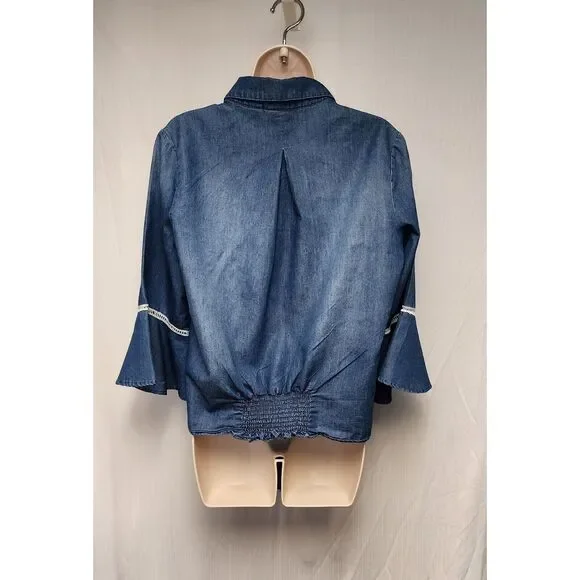 Westbound Blue Denim Womens 3/4 Bell Sleeve Front Tie Blouse Size Medium - Picture 4 of 5